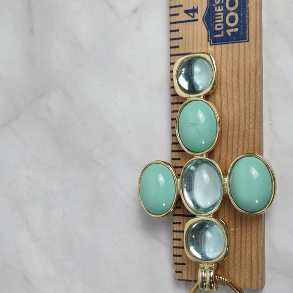 Aqua/Goldtone Cabochon Cross Enhancer Necklace - Picture 6 of 9